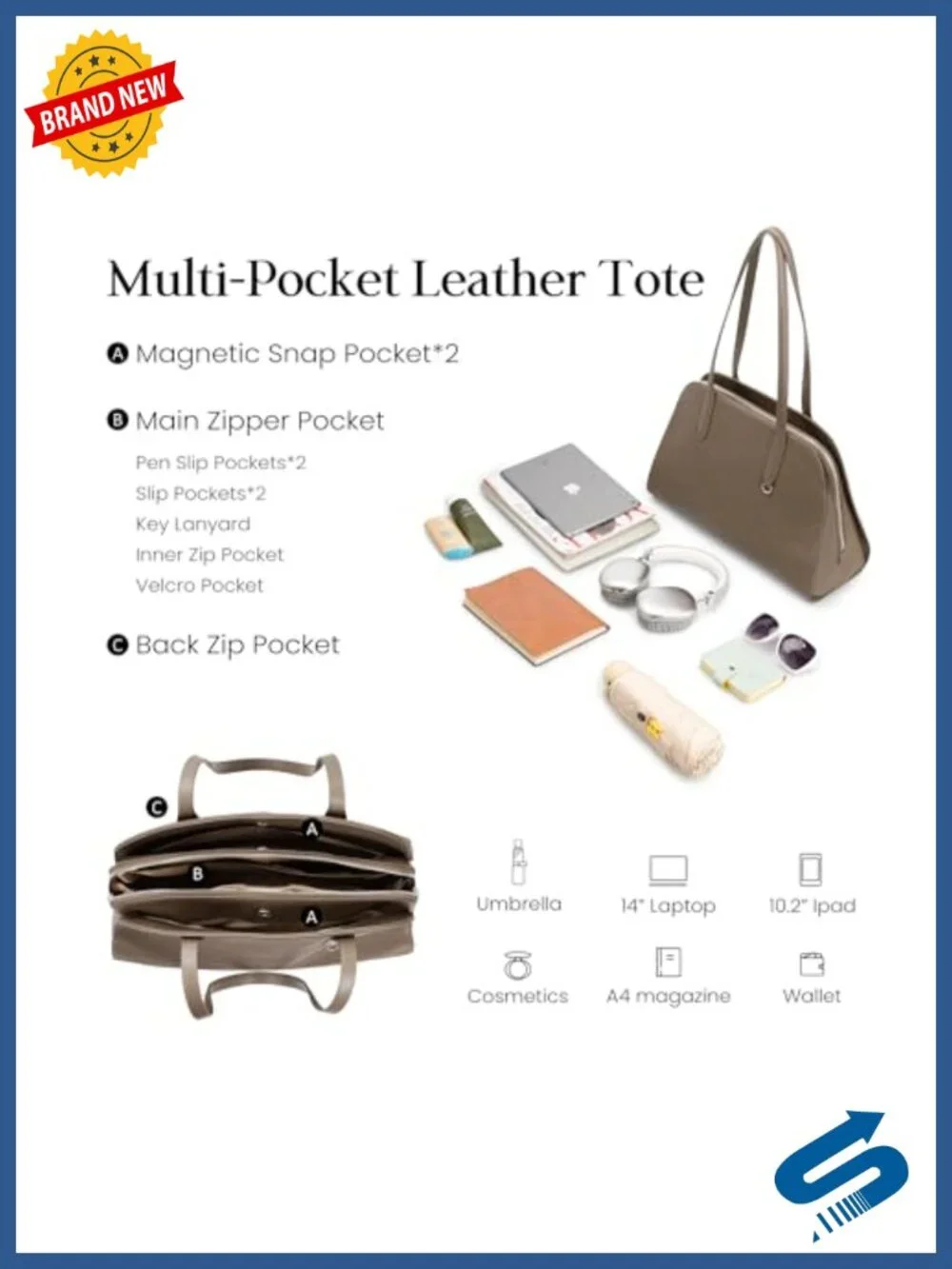 Genuine Leather Tote Bag Multi-Pockets Designer Shoulder Work Satchel Handbags